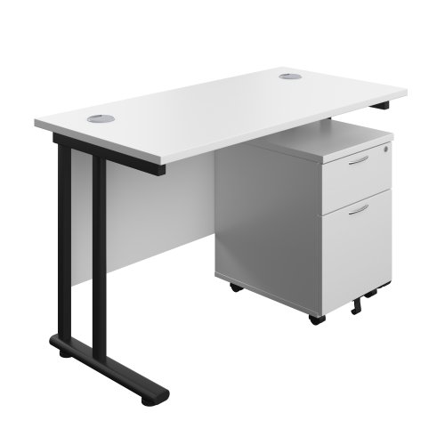 Twin Upright Rectangular Desk + Mobile 2 Drawer Pedestal (FSC) 1200X600 White/Black