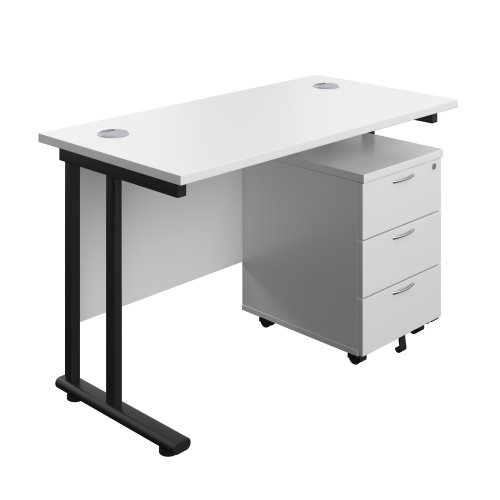 Twin Upright Rectangular Desk + Mobile 3 Drawer Pedestal (FSC) 1200X600 White/Black