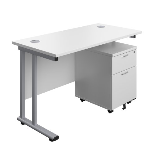 Twin Upright Rectangular Desk + Mobile 2 Drawer Pedestal (FSC) 1200X600 White/Silver