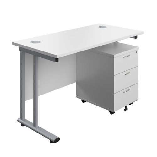 Twin Upright Rectangular Desk + Mobile 3 Drawer Pedestal (FSC) 1200X600 White/Silver