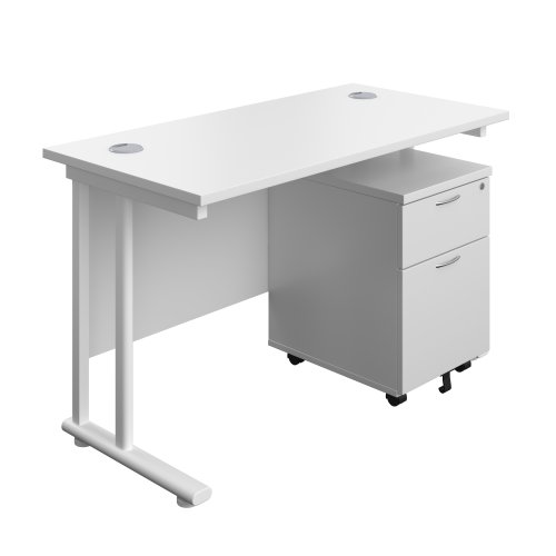 Twin Upright Rectangular Desk + Mobile 2 Drawer Pedestal (FSC) 1200X600 White/White