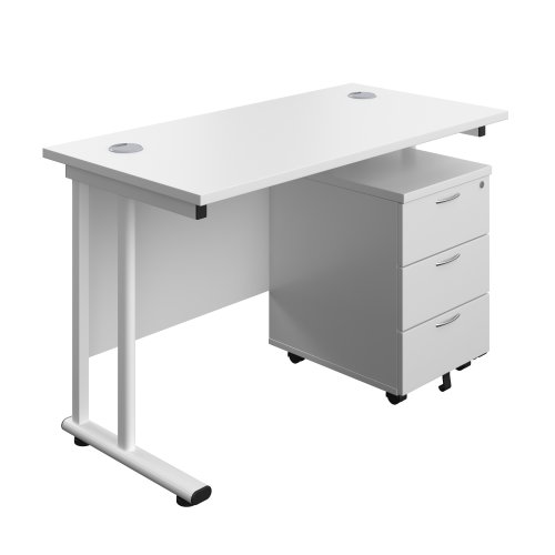 Twin Upright Rectangular Desk + Mobile 3 Drawer Pedestal (FSC) 1200X600 White/White