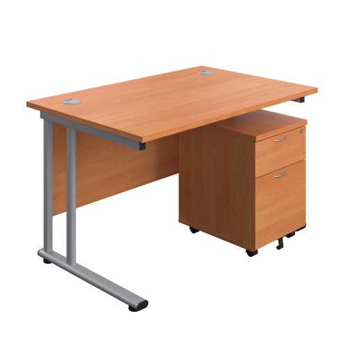 Twin Upright Rectangular Desk + Mobile 2 Drawer Pedestal 1200X800 Beech/Silver
