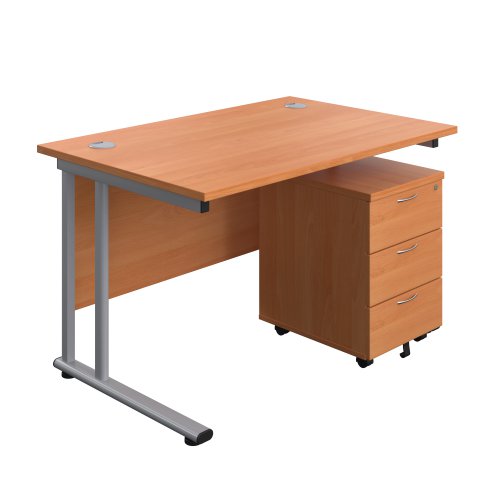 Twin Upright Rectangular Desk + Mobile 3 Drawer Pedestal 1200X800 Beech/Silver