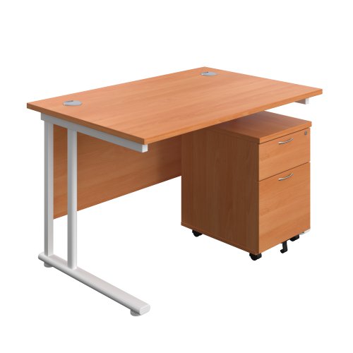 Twin Upright Rectangular Desk + Mobile 2 Drawer Pedestal 1200X800 Beech/White