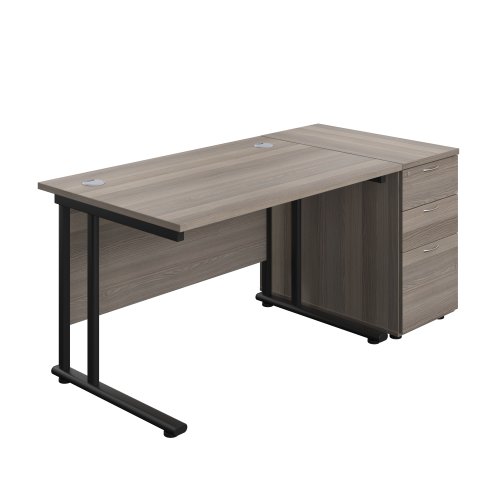 Twin Upright Rectangular Desk + Desk High 3 Drawer Pedestal (FSC) 1200X800 Grey Oak/Black