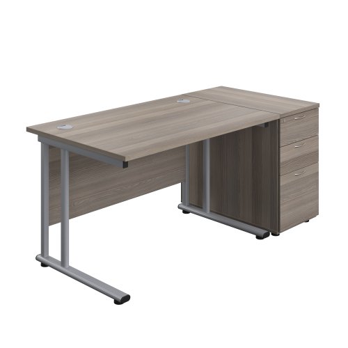 Twin Upright Rectangular Desk + Desk High 3 Drawer Pedestal (FSC) 1200X800 Grey Oak/Silver
