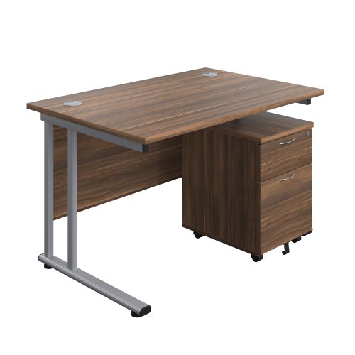 Twin Upright Rectangular Desk + Mobile 2 Drawer Pedestal 1200X800 Dark Walnut/Silver