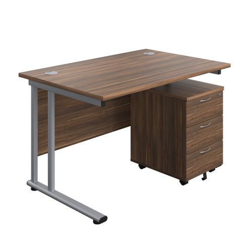Twin Upright Rectangular Desk + Mobile 3 Drawer Pedestal 1200X800 Dark Walnut/Silver