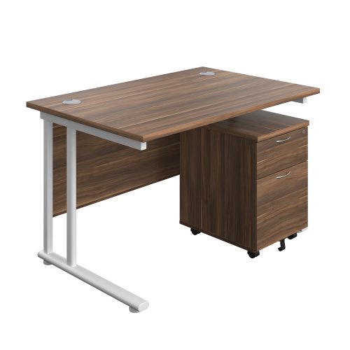 Twin Upright Rectangular Desk + Mobile 2 Drawer Pedestal 1200X800 Dark Walnut/White