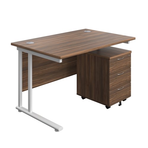 Twin Upright Rectangular Desk + Mobile 3 Drawer Pedestal 1200X800 Dark Walnut/White