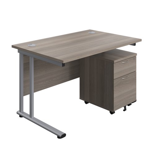 Twin Upright Rectangular Desk + Mobile 2 Drawer Pedestal 1200X800 Grey Oak/Silver