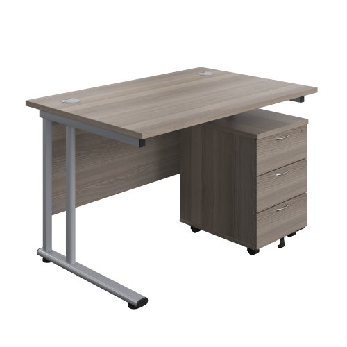 Twin Upright Rectangular Desk + Mobile 3 Drawer Pedestal 1200X800 Grey Oak/Silver