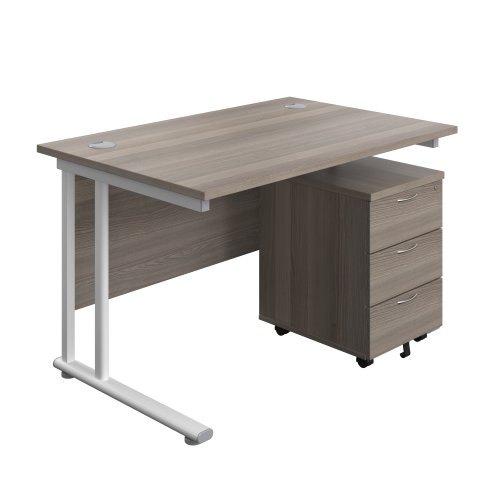 Twin Upright Rectangular Desk + Mobile 3 Drawer Pedestal 1200X800 Grey Oak/White