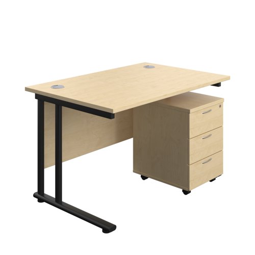 Twin Upright Rectangular Desk + Mobile 3 Drawer Pedestal (FSC) 1200X800 Maple/Black
