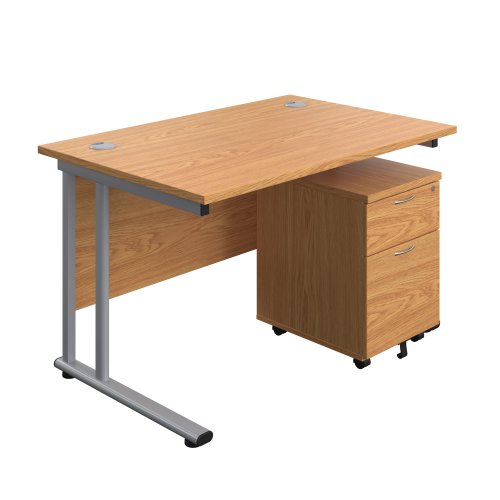 Twin Upright Rectangular Desk + Mobile 2 Drawer Pedestal 1200X800 Nova Oak/Silver