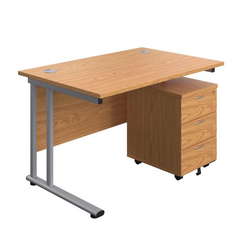 Twin Upright Rectangular Desk + Mobile 3 Drawer Pedestal 1200X800 Nova Oak/Silver