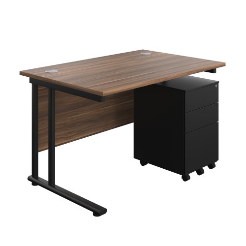 Twin Upright Rectangular Desk + Under Desk Steel Pedestal 3 Drawers (FSC) 1200X800 Dark Walnut/Black