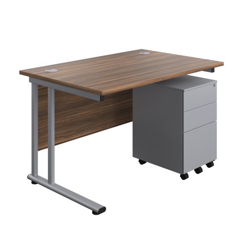 Twin Upright Rectangular Desk + Under Desk Steel Pedestal 3 Drawers (FSC) 1200X800 Dark Walnut/Silver