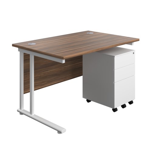 Twin Upright Rectangular Desk + Under Desk Steel Pedestal 3 Drawers (FSC) 1200X800 Dark Walnut/White