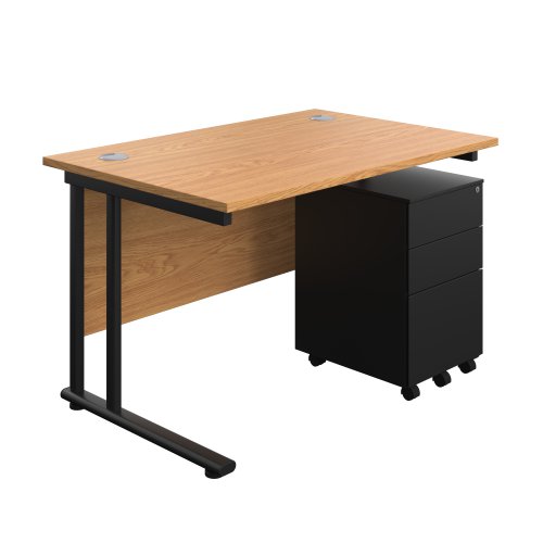 Twin Upright Rectangular Desk + Under Desk Steel Pedestal 3 Drawers (FSC) 1200X800 Nova Oak/Black