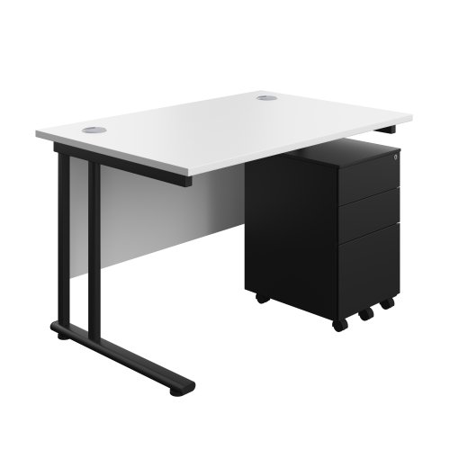 Twin Upright Rectangular Desk + Under Desk Steel Pedestal 3 Drawers (FSC) 1200X800 White/Black