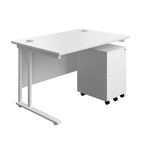 Twin Upright Rectangular Desk + Under Desk Steel Pedestal 3 Drawers (FSC) 1200X800 White/White