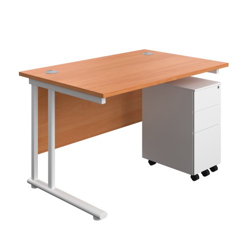 Twin Upright Rectangular Desk + Slimline Steel Pedestal 3 Drawers (FSC) 1200X800 Beech/White