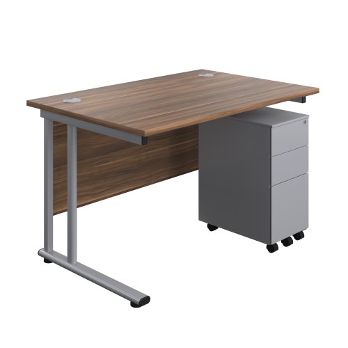 Twin Upright Rectangular Desk + Slimline Steel Pedestal 3 Drawers (FSC) 1200X800 Dark Walnut/Silver