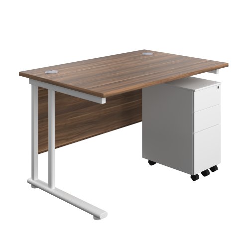 Twin Upright Rectangular Desk + Slimline Steel Pedestal 3 Drawers (FSC) 1200X800 Dark Walnut/White