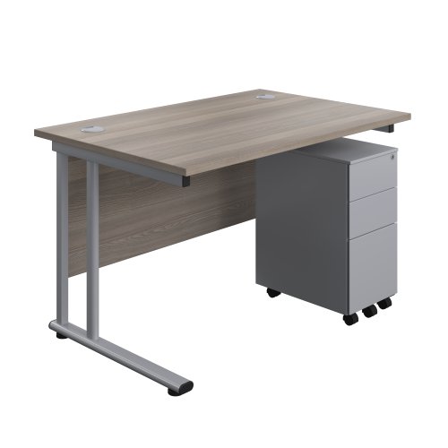Twin Upright Rectangular Desk + Slimline Steel Pedestal 3 Drawers (FSC) 1200X800 Grey Oak/Silver