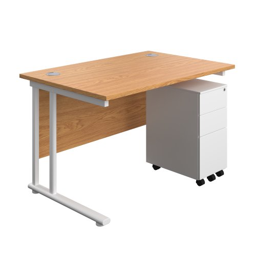 Twin Upright Rectangular Desk + Slimline Steel Pedestal 3 Drawers (FSC) 1200X800 Nova Oak/White
