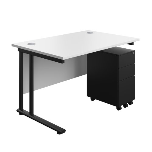 Twin Upright Rectangular Desk + Slimline Steel Pedestal 3 Drawers (FSC) 1200X800 White/Black