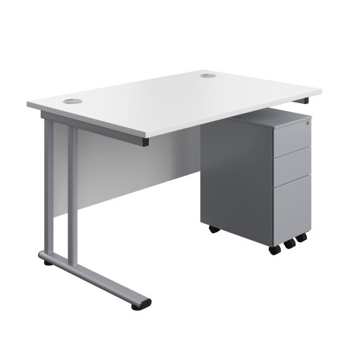 Twin Upright Rectangular Desk + Slimline Steel Pedestal 3 Drawers (FSC) 1200X800 White/Silver
