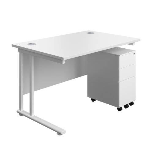 Twin Upright Rectangular Desk + Slimline Steel Pedestal 3 Drawers (FSC) 1200X800 White/White