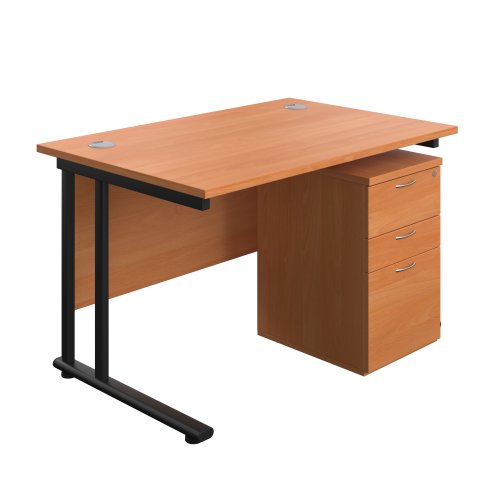 Twin Upright Rectangular Desk + High Mobile Pedestal 3 Drawer (FSC) 1200X800 Beech/Black