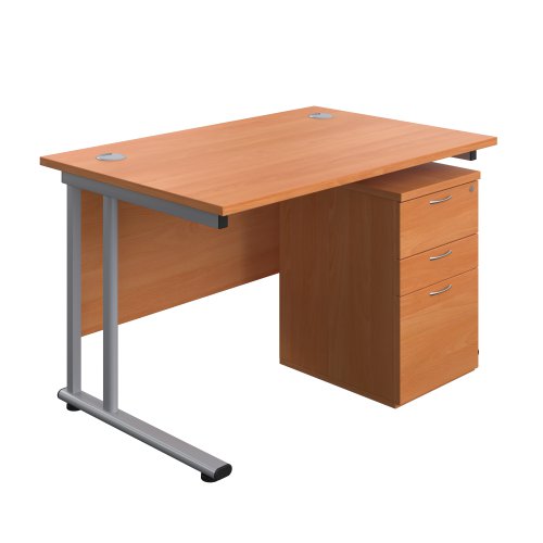 Twin Upright Rectangular Desk + High Mobile Pedestal 3 Drawer (FSC) 1200X800 Beech/Silver