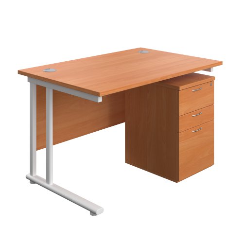 Twin Upright Rectangular Desk + High Mobile Pedestal 3 Drawer (FSC) 1200X800 Beech/White