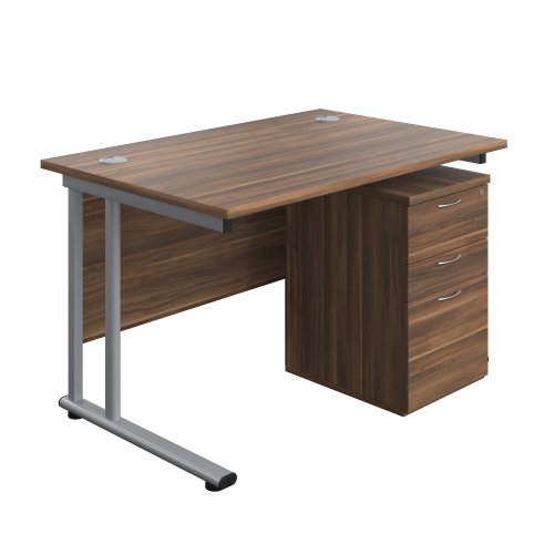 Twin Upright Rectangular Desk + High Mobile Pedestal 3 Drawer (FSC) 1200X800 Dark Walnut/Silver