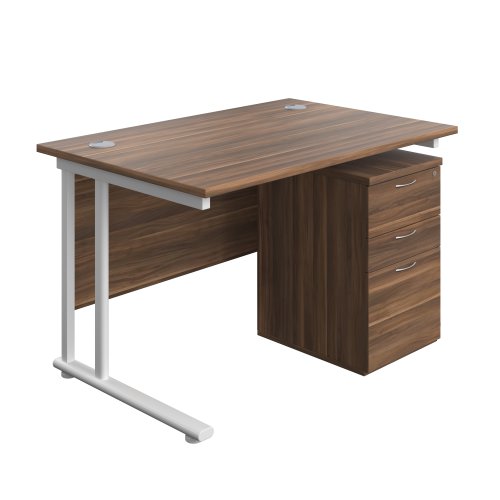 Twin Upright Rectangular Desk + High Mobile Pedestal 3 Drawer (FSC) 1200X800 Dark Walnut/White