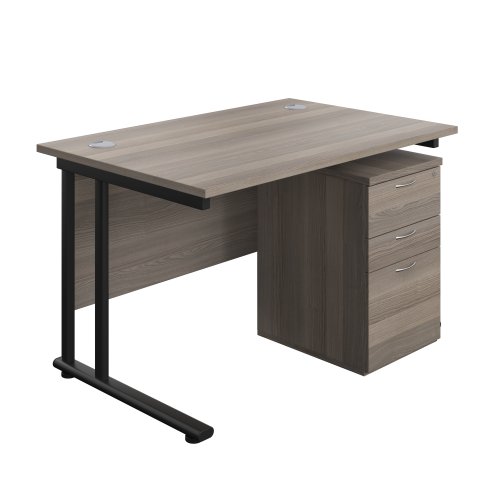 Twin Upright Rectangular Desk + High Mobile Pedestal 3 Drawer (FSC) 1200X800 Grey Oak/Black