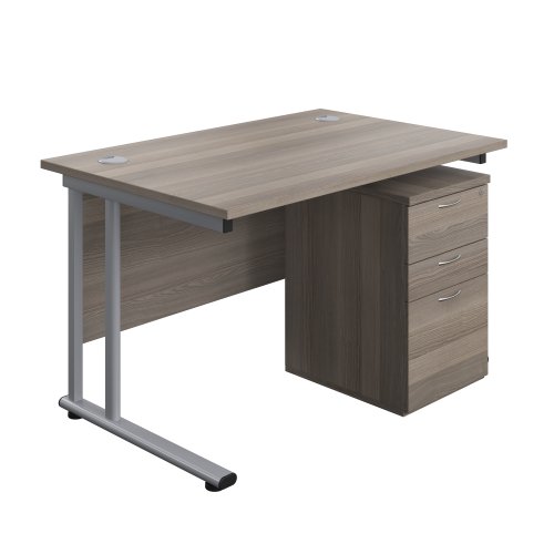 Twin Upright Rectangular Desk + High Mobile Pedestal 3 Drawer (FSC) 1200X800 Grey Oak/Silver