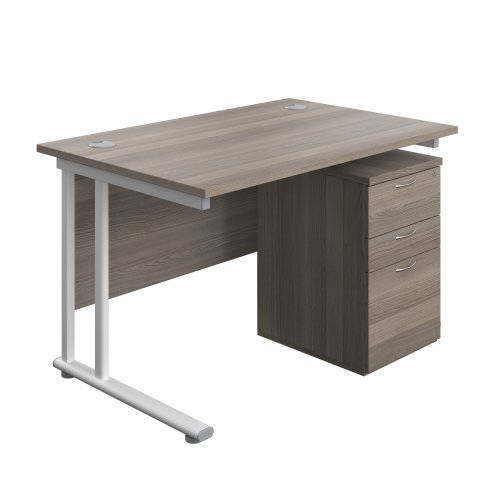 Twin Upright Rectangular Desk + High Mobile Pedestal 3 Drawer (FSC) 1200X800 Grey Oak/White