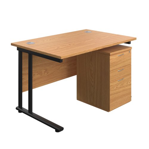 Twin Upright Rectangular Desk + High Mobile Pedestal 3 Drawer (FSC) 1200X800 Nova Oak/Black