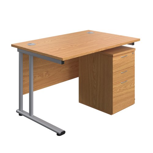 Twin Upright Rectangular Desk + High Mobile Pedestal 3 Drawer (FSC) 1200X800 Nova Oak/Silver