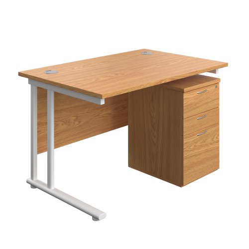 Twin Upright Rectangular Desk + High Mobile Pedestal 3 Drawer (FSC) 1200X800 Nova Oak/White