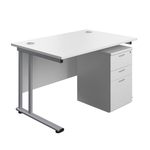 Twin Upright Rectangular Desk + High Mobile Pedestal 3 Drawer (FSC) 1200X800 White/Silver