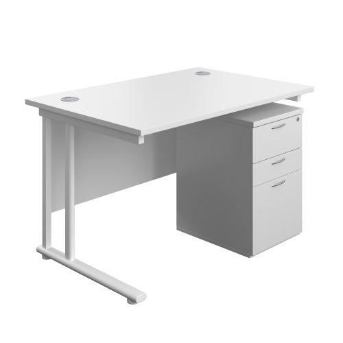 Twin Upright Rectangular Desk + High Mobile Pedestal 3 Drawer (FSC) 1200X800 White/White