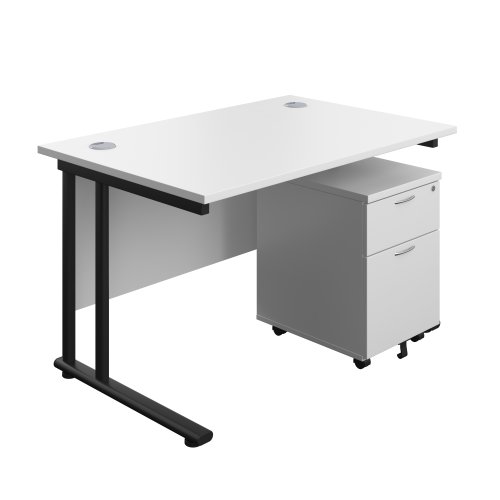Twin Upright Rectangular Desk + Mobile 2 Drawer Pedestal (FSC) 1200X800 White/Black