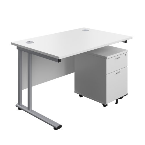 Twin Upright Rectangular Desk + Mobile 2 Drawer Pedestal 1200X800 White/Silver